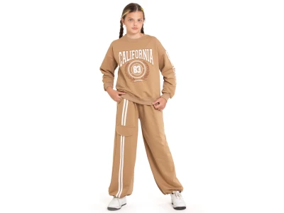 Toptan COOL KİDS California Baskılı Çizgili Kız Takım  CAMEL - Beniz Bebe