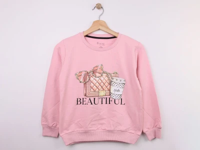 Toptan STAR FİLE Çanta Baskılı Taş Detaylı Kız Sweat PEMBE - Beniz Bebe
