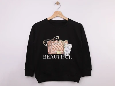 Toptan STAR FİLE Çanta Baskılı Taş Detaylı Kız Sweat SİYAH - Beniz Bebe