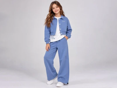 Toptan ÖZ BEBE Ceketli 3 İp Şardonlu 3'lü Kız Çocuk Takım BLUE - Beniz Bebe