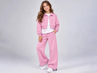 Toptan ÖZ BEBE Ceketli 3 İp Şardonlu 3'lü Kız Çocuk Takım Pink - Beniz Bebe