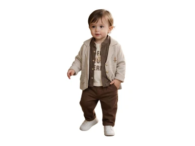 Toptan JUNİOR CLASS Ceketli 3'lü Erkek Bebek Takım Brown - Beniz Bebe