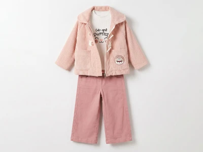 Toptan CANÖZ Ceketli 3'lü Kız Takım PEMBE - Beniz Bebe