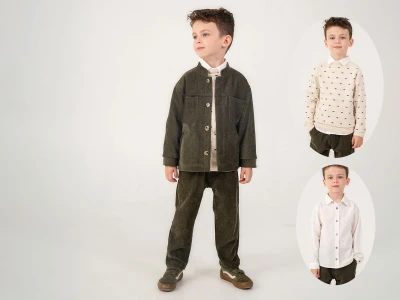 Toptan LESSOTTO Ceketli Trikolu Gömlekli Dörtlü Erkek Takım HAKİ - Beniz Bebe