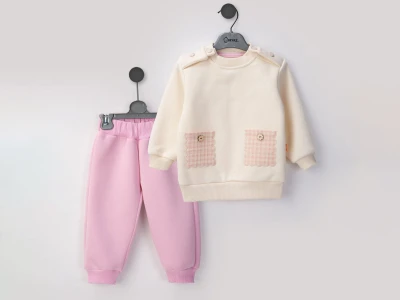 Toptan BEYAZ BEBEK Cep Detaylı Şardonlu 3 ip Kız Bebek Takım PEMBE - Beniz Bebe