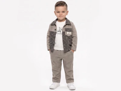 Toptan JUNİOR CLASS Cepli Ceketli Üçlü Erkek Takım  FÜME - Beniz Bebe