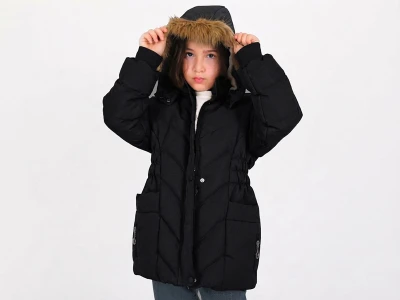 Toptan ROBİN Cepli Fermuarlı Tüy Detaylı Kapşonlu Kız Mont  - Toptan Çocuk Giyim Beniz Kids