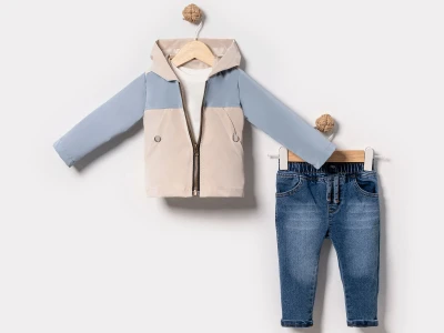 Toptan NOWA Cepli Şapkalı Ceketli Erkek Bebe Üçlü Takım  AÇIKMAVİ - Beniz Bebe