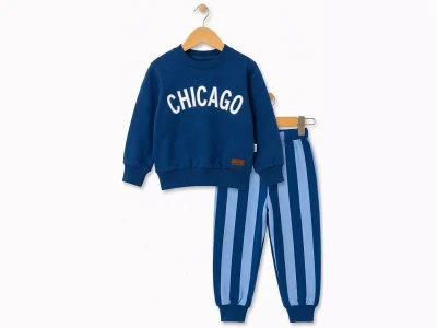 Toptan FEELY KİDS Chicago Baskılı Çizgili Erkek Takım  - Toptan Çocuk Giyim Beniz Kids