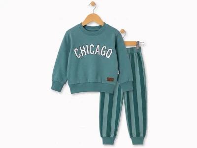 Toptan FEELY KİDS Chicago Baskılı Çizgili Erkek Takım  SUYEŞİLİ - Beniz Bebe
