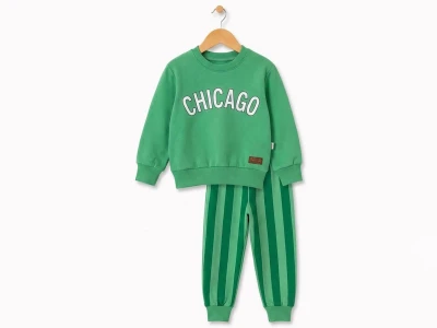 Toptan FEELY KİDS Chicago Baskılı Çizgili Erkek Takım  YEŞİL - Beniz Bebe