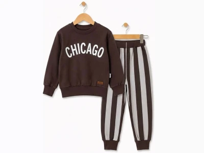 Toptan FEELY KİDS Chicago Baskılı Çizgili Erkek Takım  KOYUKAHVE - Beniz Bebe