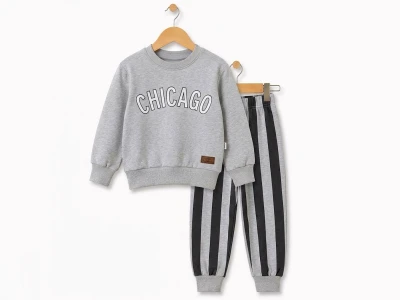 Toptan FEELY KİDS Chicago Baskılı Çizgili Erkek Takım  GRİ - Beniz Bebe