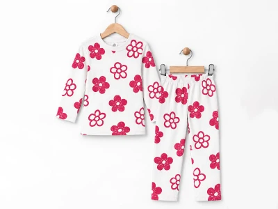 Toptan SÜPERMİNİ Çiçek Baskı Kız Bebek Pijama Takımı PEMBE - Beniz Bebe