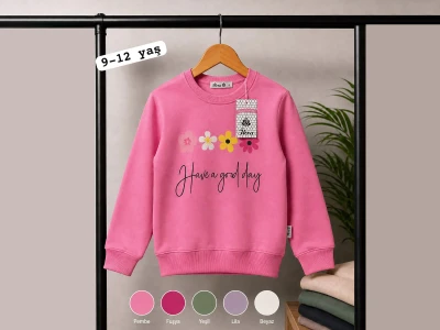 Toptan SFK TEKSTİL (İKRA) Çiçek Baskılı 2 İp Şardonsuz Kız Sweat  - Toptan Çocuk Giyim Beniz Kids