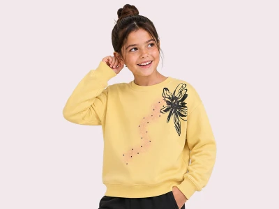 Toptan ROYA KİDS Çiçek Baskılı 3 İp Şardonlu Kız Sweat  SARI - Beniz Bebe