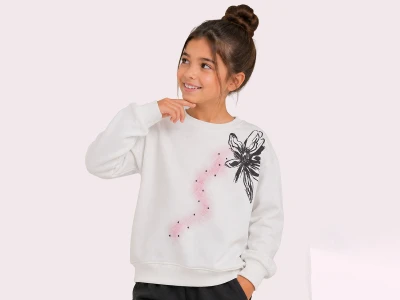 Toptan ROYA KİDS Çiçek Baskılı 3 İp Şardonlu Kız Sweat  BEYAZ - Beniz Bebe