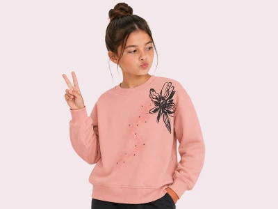 Toptan ROYA KİDS Çiçek Baskılı 3 İp Şardonlu Kız Sweat  PEMBE - Beniz Bebe