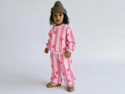Toptan LUCCO Çiçek Baskılı 3 İp Şardonsuz Kız Takım - Toptan Çocuk Giyim Beniz Kids