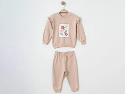 Toptan ÇITIR KİDS Çiçek Baskılı Fırfır Detaylı Kız Bebe Takım  BEJ - Beniz Bebe