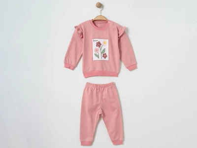 Toptan ÇITIR KİDS Çiçek Baskılı Fırfır Detaylı Kız Bebe Takım  PEMBE - Beniz Bebe