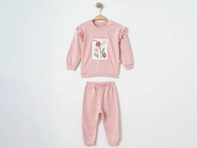 Toptan ÇITIR KİDS Çiçek Baskılı Fırfır Detaylı Kız Bebe Takım  PUDRA - Beniz Bebe