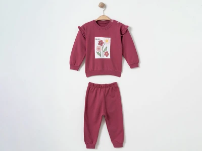 Toptan ÇITIR KİDS Çiçek Baskılı Fırfır Detaylı Kız Bebe Takım  VİŞNEÇÜRÜĞÜ - Beniz Bebe