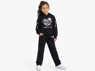 Toptan LADY GOLD Çiçek Baskılı Fiyonk Detaylı Kapşonlu Kız Takım  - Toptan Çocuk Giyim Beniz Kids
