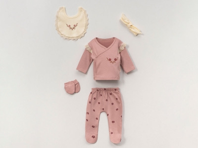 Çiçek Baskılı Kız Bebe 5li Hastane Çıkışı Zıbın Set