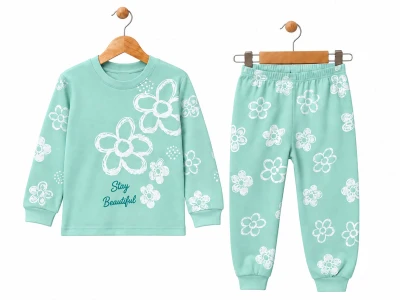 Toptan SÜPERMİNİ Çiçek Baskılı Kız Çocuk Pijama Takımı Green - Beniz Bebe