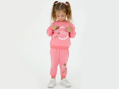 Toptan BICIR KİDS Çiçek Baskılı Kız Takım  PEMBE - Beniz Bebe
