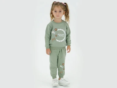 Toptan BICIR KİDS Çiçek Baskılı Kız Takım  SUYEŞİLİ - Beniz Bebe