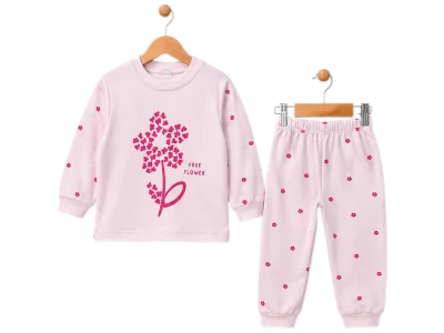 Toptan SÜPERMİNİ  Çiçek Desenli Kız Takım  PEMBE - Beniz Bebe