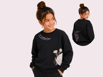 Toptan ROYA KİDS Çiçek Baskılı Taş Detaylı 3 İp Şardonlu Kız Sweat  - Toptan Çocuk Giyim Beniz Kids