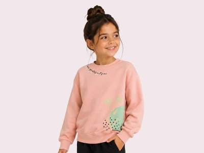Toptan ROYA KİDS Çiçek Baskılı Taş Detaylı 3 İp Şardonlu Kız Sweat  Светло-розовый - Beniz Bebe