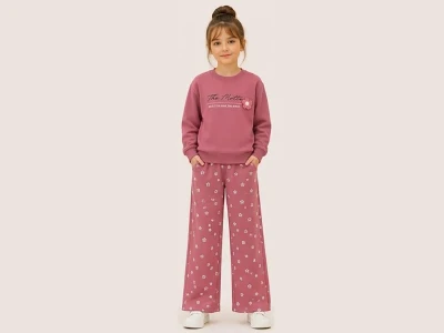 Toptan BİTTOŞ KİDS Çiçek Desenli 3 İp Şardonlu Kız Takım   - Toptan Çocuk Giyim Beniz Kids