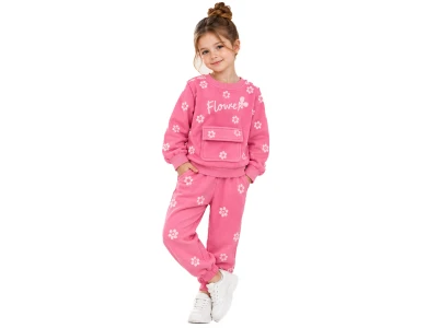 Toptan BICIR KİDS Çiçek Desenli Cepli 3 İp Şardonlu Kız Takım  - Toptan Çocuk Giyim Beniz Kids