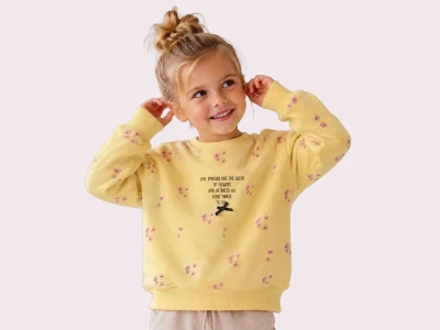 Toptan ROYA KİDS Çiçek Desenli Fiyonk Detaylı 3 İp Şardonlu Kız Sweat  - Toptan Çocuk Giyim Beniz Kids