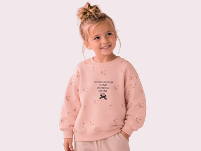 Toptan ROYA KİDS Çiçek Desenli Fiyonk Detaylı 3 İp Şardonlu Kız Sweat  PEMBE - Beniz Bebe