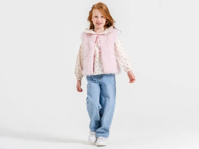Toptan ECOLKIZ Çiçek Desenli Fiyonk Detaylı Tüylü Yelekli Kız Üçlü Takım  - Toptan Çocuk Giyim Beniz Kids