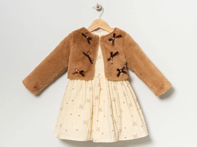 Toptan EBRULİ Çiçek Desenli Fiyonk Detaylı Well Soft Yelekli Kız Elbise - Toptan Çocuk Giyim Beniz Kids