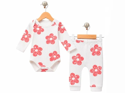 Toptan SÜPERMİNİ  Çiçek Desenli Kız Bebe Takım - Toptan Çocuk Giyim Beniz Kids