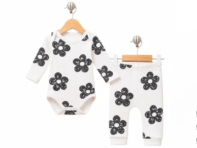 Toptan SÜPERMİNİ  Çiçek Desenli Kız Bebe Takım SİYAH - Beniz Bebe
