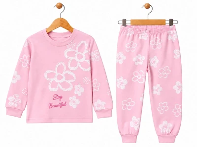 Toptan SÜPERMİNİ  Çiçek Desenli Kız Bebe Takım  PEMBE - Beniz Bebe