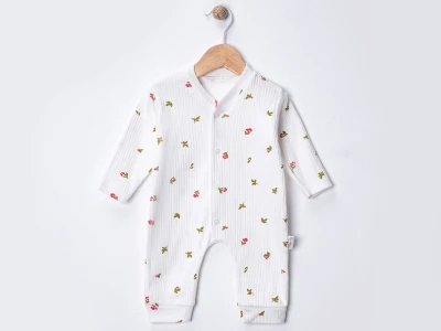 Toptan SÜPERMİNİ  Çiçek Desenli Kız Bebe Tulum  BEYAZ - Beniz Bebe