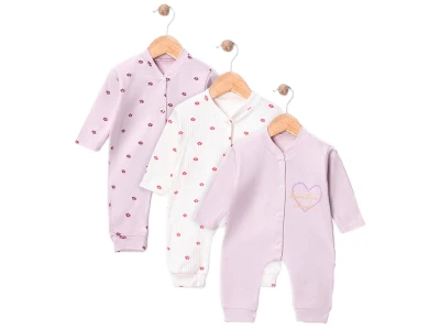 Toptan SÜPERMİNİ  Çiçek Desenli Kız Bebe Üçlü Tulum  - Toptan Çocuk Giyim Beniz Kids