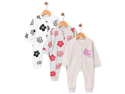 Toptan SÜPERMİNİ  Çiçek Desenli Kız Bebe Üçlü Tulum  - Toptan Çocuk Giyim Beniz Kids