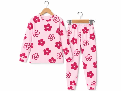 Toptan SÜPERMİNİ  Çiçek Desenli Kız Pijama Takım - Toptan Çocuk Giyim Beniz Kids
