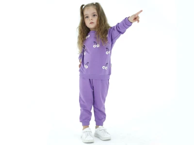 Toptan BICIR KİDS Çiçek Desenli Kız Takım  MOR - Beniz Bebe