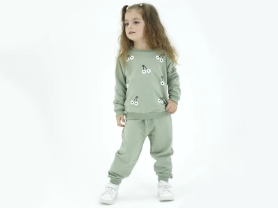 Toptan BICIR KİDS Çiçek Desenli Kız Takım  YEŞİL - Beniz Bebe